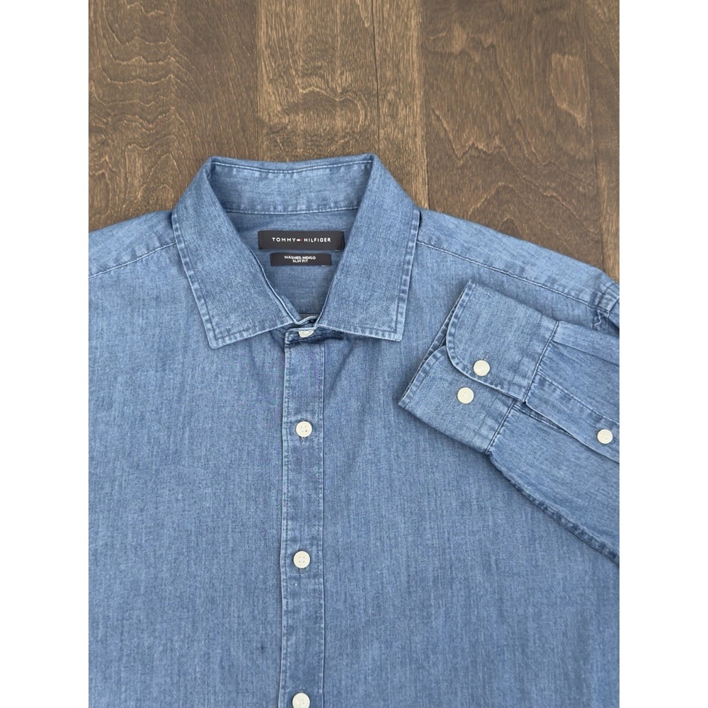Tommy Hilfiger Shirt Mens Slim Fit Size L 34/35 Blue Chambray Indigo Button Down